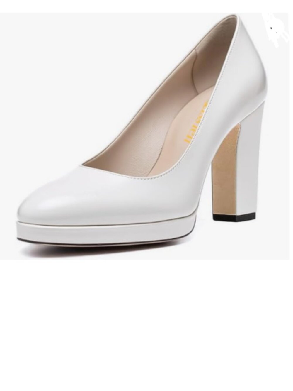 miss left White Platform Closed Almond Toe Pumps Slip On Block Heels Shoe